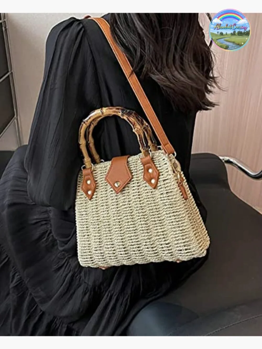 Handwoven Straw Crossbody Bag Bamboo Handle Hobo Shoulder Purse